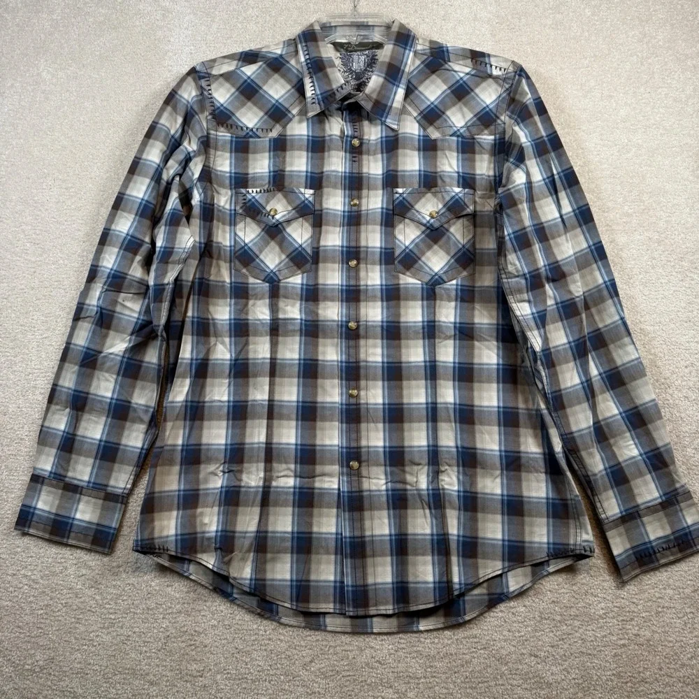 7 Diamonds Mens XL Blue Plaid Western Snap Button Embroidered Long Sleeve Shirt